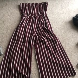maroon stripped strapless jumpsuit